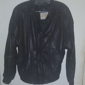 Classic Black Leather Bomber Jacket